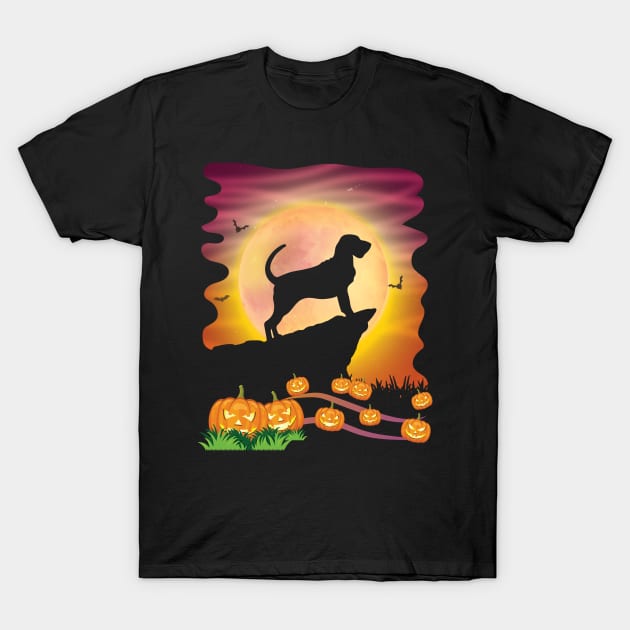 Bloodhound Dog On Mountain & Moon Pumpkins Bat Halloween Day T-Shirt by Cowan79